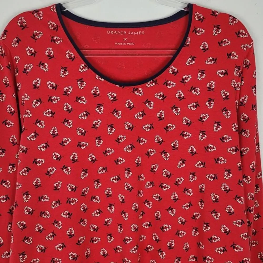 Draper James Size 1X Floral Long Sleeve Shirt Cotton Modal Stretch Red Navy - Picture 3 of 11